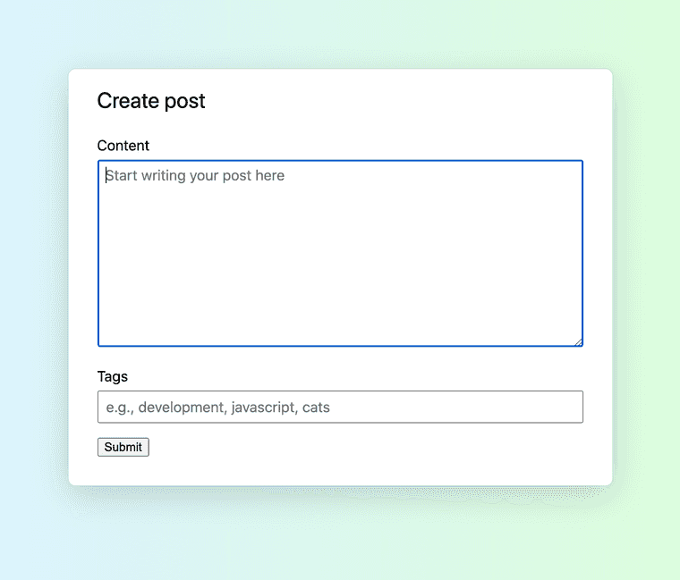 A modal overlay with two text fields, labelled "Content" and "Tags."