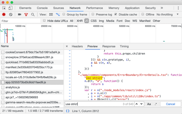 viewing source of app.js in browser dev tools, searching for `'use strict'`