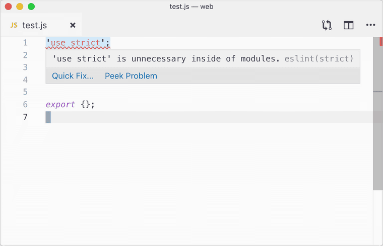 code editor with tooltip eslint error: `'use strict'` is unnecessary inside of modules